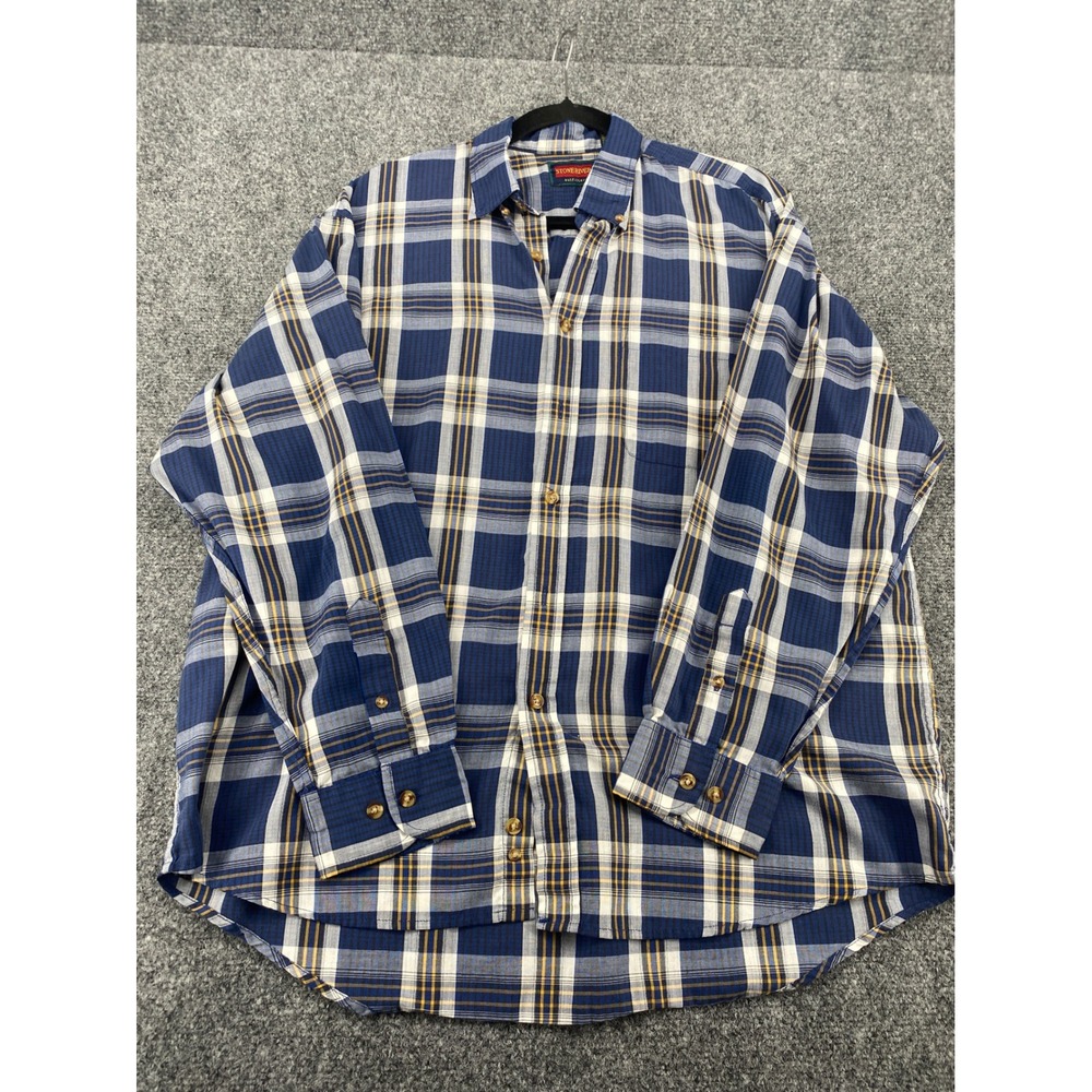 Stone River Plaid Button Down Shirt Mens Large Blue Yellow Short Sleeve Casual L
